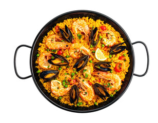 Overhead view of a vibrant seafood paella in a large, black pan