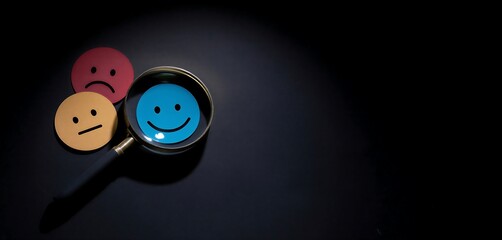 Magnifying glass focusing on happy smiling emoji face among different emotion icons on flat surface