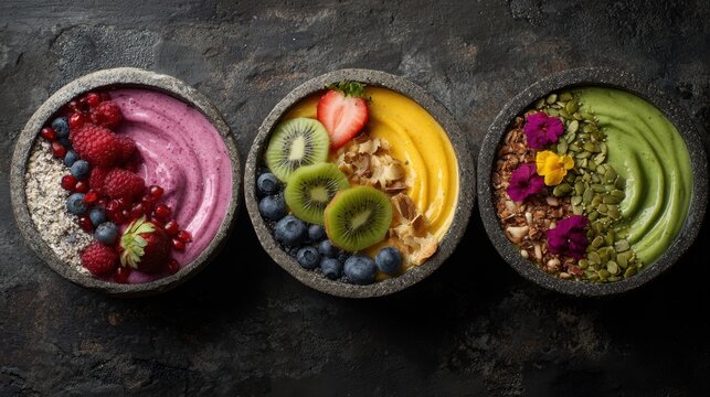Vibrant smoothie bowls with fresh fruits and granola, perfect for a healthy breakfast or snack.
