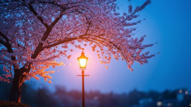 Glowing street lamp under a cherry blossom tree branch at dusk, illustrating the fading light of evening