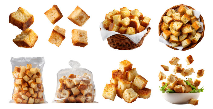Set of Croutons, small seasoned cubes piece of toasted baked fried bread bun crust, rattan basket, takeout plastic bag, salad, stack pile slice broken, transparent cutout PNG. Many different mockup