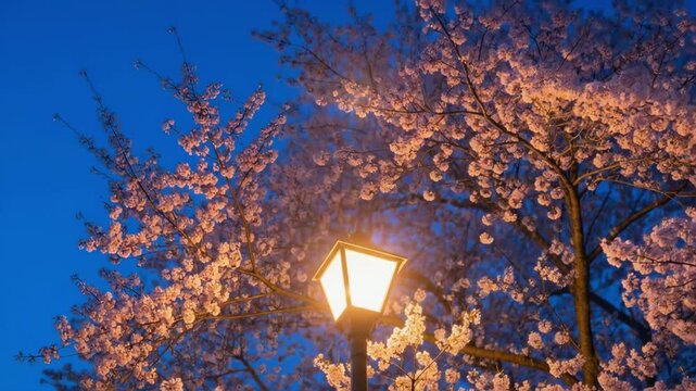 Glowing street lamp under a cherry blossom tree branch at dusk, illustrating the fading light of evening