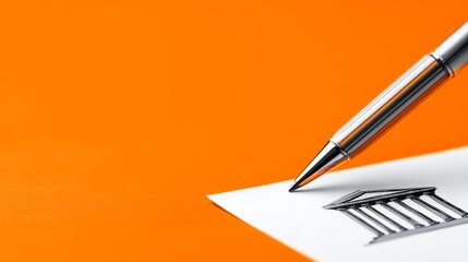 Elegant silver pen poised above a drawing of a classical bank building, symbolizing finance, investment, and real estate transactions in a vibrant orange backdrop.