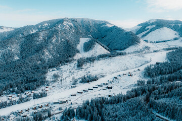 Jasn&aacute; ski resort in the Low Tatras Mountains, located in the Liptov region of Slovakia. Snow-covered peaks, alpine slopes, and winter landscape create a popular destination for skiing
