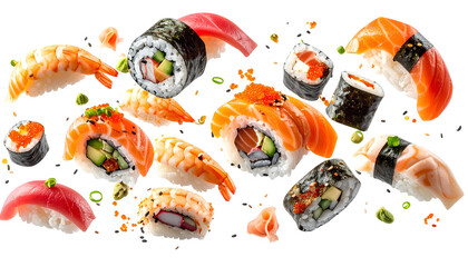 Various colorful sushi pieces artfully arranged against a dark background