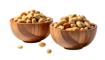 Two wooden bowls overflowing with various shelled and unshelled nuts. Black background