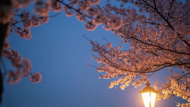 Glowing street lamp under a cherry blossom tree branch at dusk, illustrating the fading light of evening