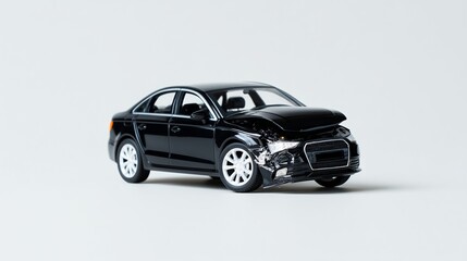 Obraz premium Photorealistic Image of a Damaged Black Car Model After a Detrimental Crash Captured on a Neutral Background for Automotive Related Themes