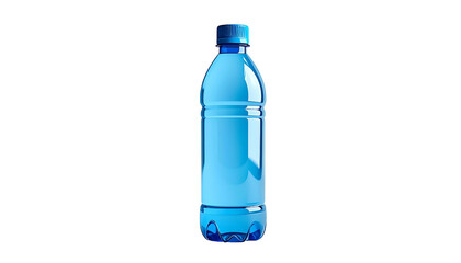 A plastic water bottle with a blue cap and transparent, blue liquid. Isolated on black