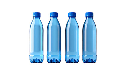 Four clear plastic bottles with blue caps stand against a solid black backdrop