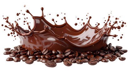 A splash of liquid chocolate crowns coffee beans, creating a dynamic, glossy, and rich display