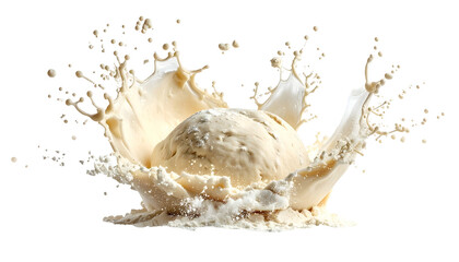 Scoop of ice cream at the center, surrounded by a splash of creamy liquid, on black