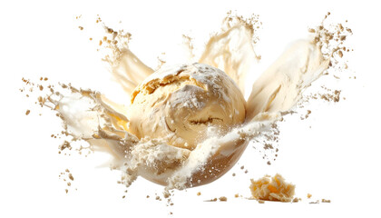 A scoop of ice cream exploding outwards, surrounded by milk and fragments against black