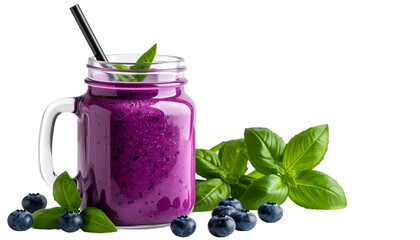 A vibrant, purple smoothie in a mason jar with a black straw, blueberries, and basil