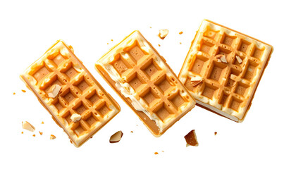 Three golden waffles, partially topped with cream, caramel, and nuts, on a black background