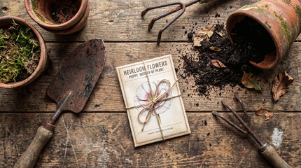 Rustic Gardening Tools and Clay Pots Flat Lay