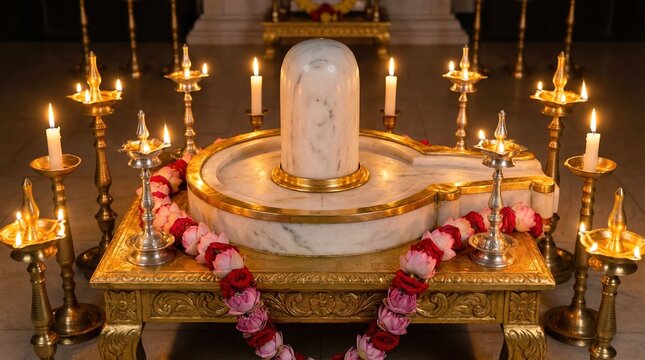 Shiva Lingam on ornate marble yoni base surrounded by many burning diyas and candles. Soft golden light fills Hindu temple hall. Sacred worship decoration and celebration for Maha Shivratri festival.