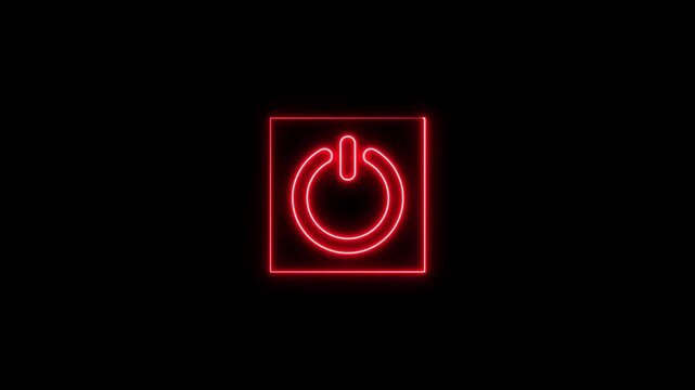 Neon power button icon in a square frame, glow effect, modern graphic design, symbol for electric device start or stop

