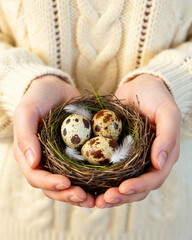 Woman Hands Holding Bird Nest with Quail Eggs