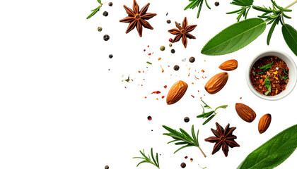 A collection of culinary herbs, spices, almonds, and seasoning against a black backdrop