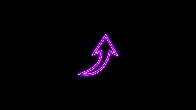 Neon glowing curved arrow pointing up and to the right on a black background, vector illustration of growth, share, or direction symbol