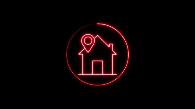 Glowing neon line map pointer with house icon, home location marker symbol, vector illustration on black background