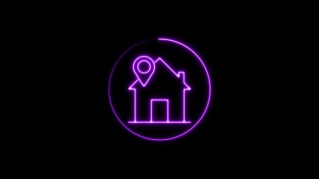 Glowing neon line map pointer with house icon, home location marker symbol, vector illustration on black background