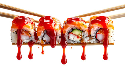 Close-up of sushi rolls with red sauce, held by chopsticks against black