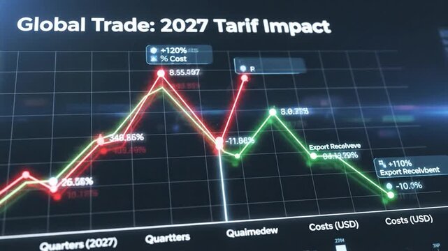 A digital chart depicts a financial analysis of global trade, with rising and falling costs & tariffs