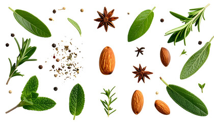 Culinary herbs, spices, and nuts on a dark background