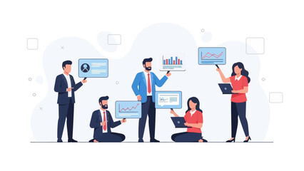 Business Team Analyzing Data and Charts on Screens, Teamwork Concept