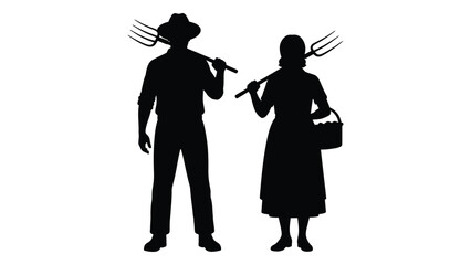 Naklejka premium Silhouette of a farmer and farmwoman carrying pitchforks against a white background