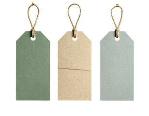 Three textured paper tags hanging with twine on a black background