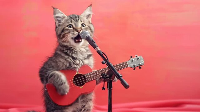 Fluffy tabby kitten with ukulele and microphone against pink background