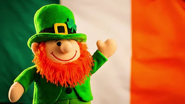 Adorable plush leprechaun toy with vibrant orange beard wearing a traditional green top hat featuring a shamrock detail waves happily against the Irish flag background for celebrations.