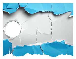 Torn blue and white paper revealing a white circle. Cracked surface