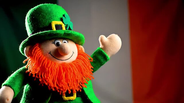 Adorable plush leprechaun toy wearing a vibrant green hat and jacket with bright orange beard stands ready for st. patrick's day celebrations