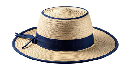 A light straw hat with a navy blue ribbon, isolated on a black background