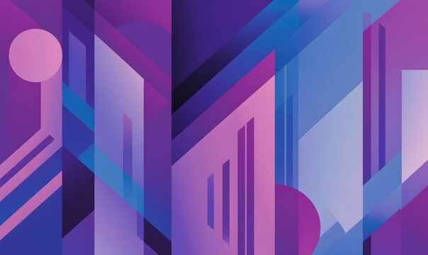 Abstract geometric background featuring purple and blue architectural shapes and sharp diagonal lines creating modern artistic composition with layered transparency and minimalist design style