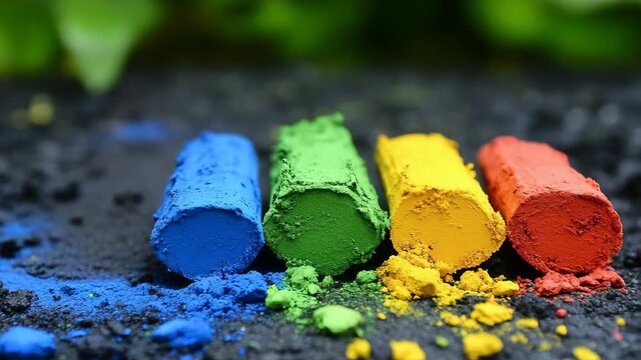 selective focus colorful chalks arranged for creative drawing