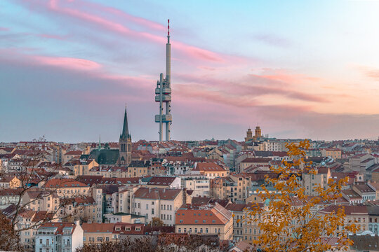 Prague, Czech Republic - 11.09.2025: View from Vitkov Hill on JZP Tower, Zizkov during a beautiful winter sunset