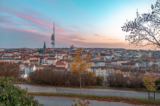Prague, Czech Republic - 11.09.2025: View from Vitkov Hill on JZP Tower, Zizkov during a beautiful winter sunset