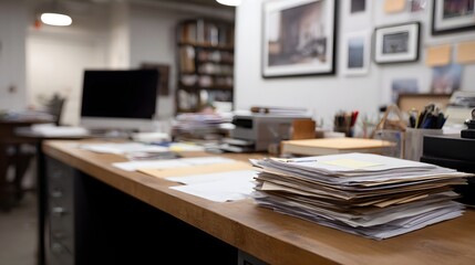 A busy and organized office workspace filled with stacks of papers files and a computer