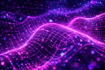 Fototapeta premium Abstract purple glowing grid waves forming digital landscape. Futuristic data surface with particles, depth and motion.