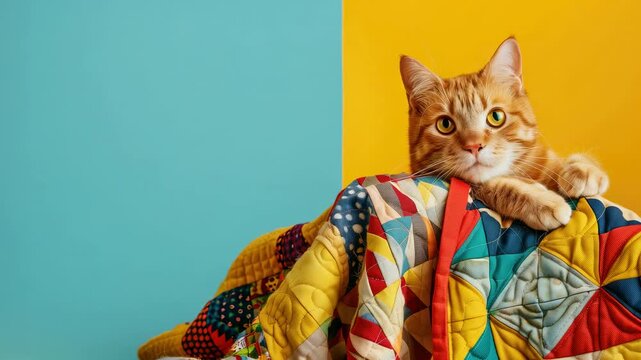 Orange tabby cat rests on colorful quilt with blue and yellow background, looking curious