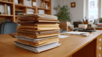 A tall stack of files and papers sits on a wooden desk in a bright office setting with bookshelves in the background