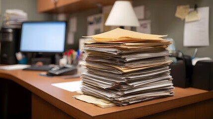 A tall stack of papers and files on a messy office desk with a computer and lamp in the background