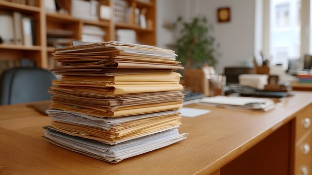 A tall stack of files and papers sits on a wooden desk in a bright office setting with bookshelves in the background