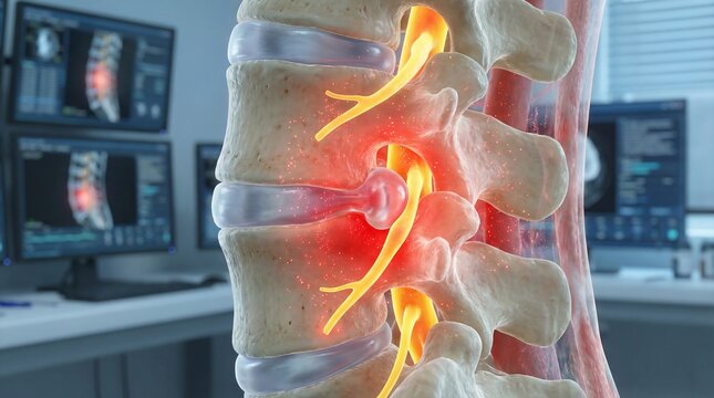 Detailed medical illustration displays a compressed human lumbar spinal segment showing nerve root impingement and inflammation near monitoring screens.