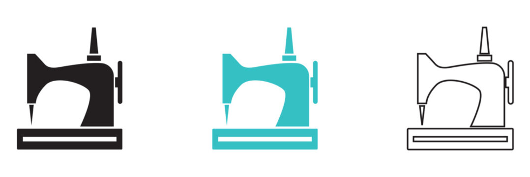 Sewing Machine Icon Set Collection. Clean vector illustration of sewing machine icons in solid, colored, and outline styles, representing tailoring, handmade crafts, and textile production concepts.

